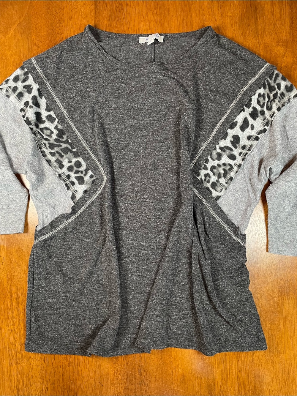 She + Sky Charcoal Gray Color block Crewneck Top with Leopard Accent